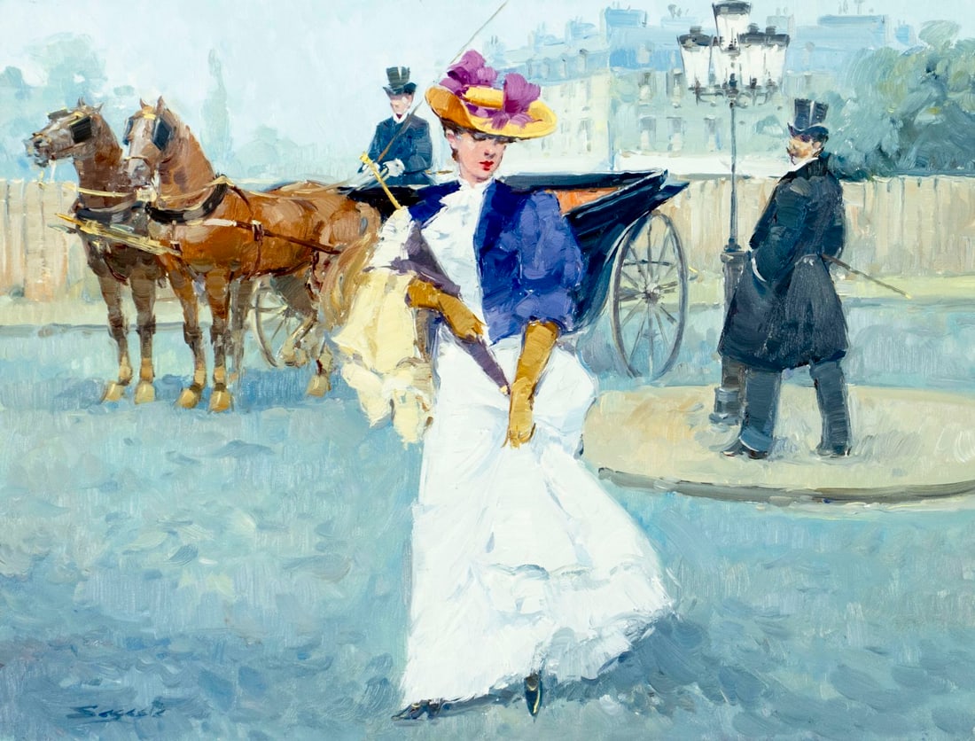 Luis Sagasta (Spain,1929-?) oil painting: ARTIST: Luis Arana Sagasta (Spanish, 1929 - ???) TITLE: Woman by Horse Carriage MEDIUM: oil on canvas CONDITION: Unstretched (In-House stretching available) (In-House stre