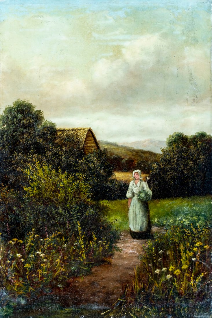 M Corper (UK,19C) oil painting antique: ARTIST: M Corper (United Kingdom, 19 century) TITLE: Countryside Landscape with Peasant Woman MEDIUM: oil on canvas CONDITION: Three nail holes along the lower edge. Some sc