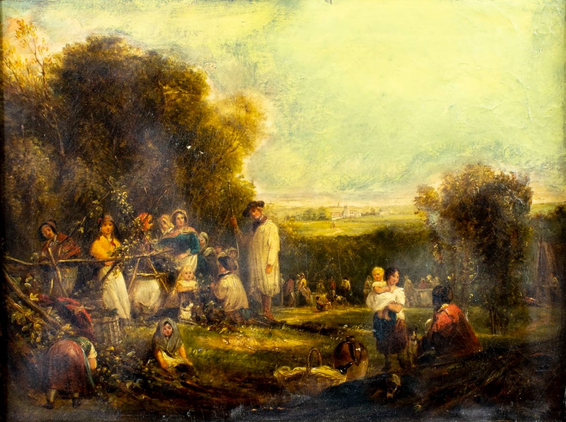 William Shayer I (UK,1788-1879) oil painting antique: ARTIST: William Shayer I (United Kingdom, 1788 - 1879) TITLE: Outdoor Scene MEDIUM: oil on canvas CONDITION: Few small paint losses. Some craquelure. Some scattered inpain