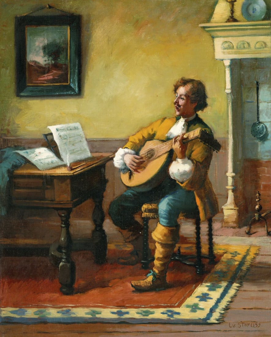 L V Strauss (German,20C) oil painting: ARTIST: L V Strauss (Germany, 20 century) TITLE: Man Playing Lute MEDIUM: oil on canvas CONDITION: Unstretched (In-House stretching available) (In-House stretching available