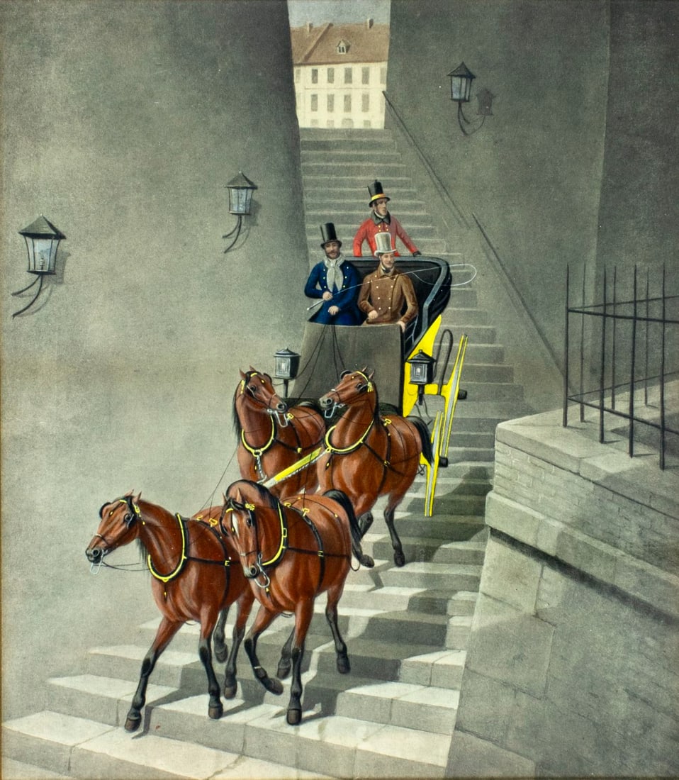 Antique early 20C European watercolor painting: ARTIST: - (Europe, early 20 century) TITLE: Horse Drawn Carriage on the Stair MEDIUM: watercolor on paper CONDITION: Minor age toning. Framed under glass. Some damages to fr