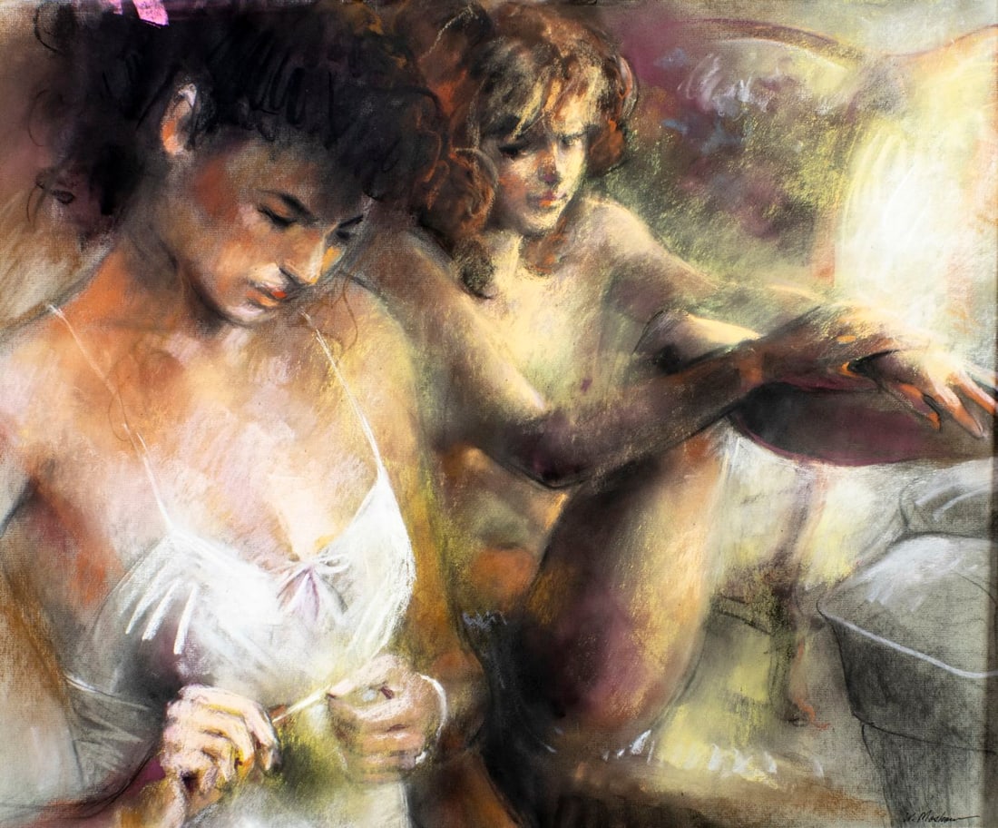 Walter Moskow (IL,1931-2013) pastel painting: ARTIST: Walter Moskow (Illinois, 1931 - 2013) TITLE: Dressing Room Scene MEDIUM: pastel on paper CONDITION: Few minor paint losses. Some damages to mat. ART SIZE: