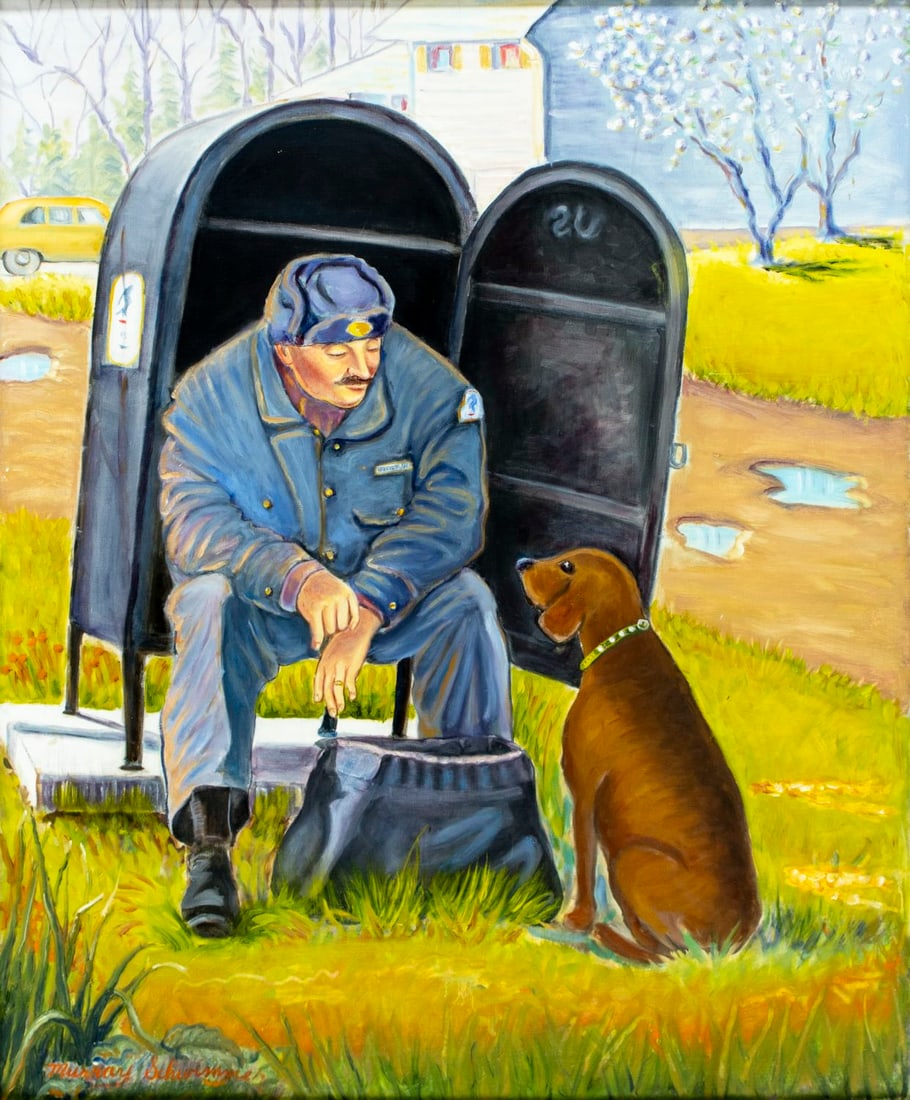 Murray Schwimmer Papell (NY,1924-2017) acrylic painting: ARTIST: Murray Schwimmer Papell (New York, 1924 - 2017) TITLE: Postman with Dog MEDIUM: acrylic on canvas CONDITION: Few small scratches/paint losses. No visible inpaint u