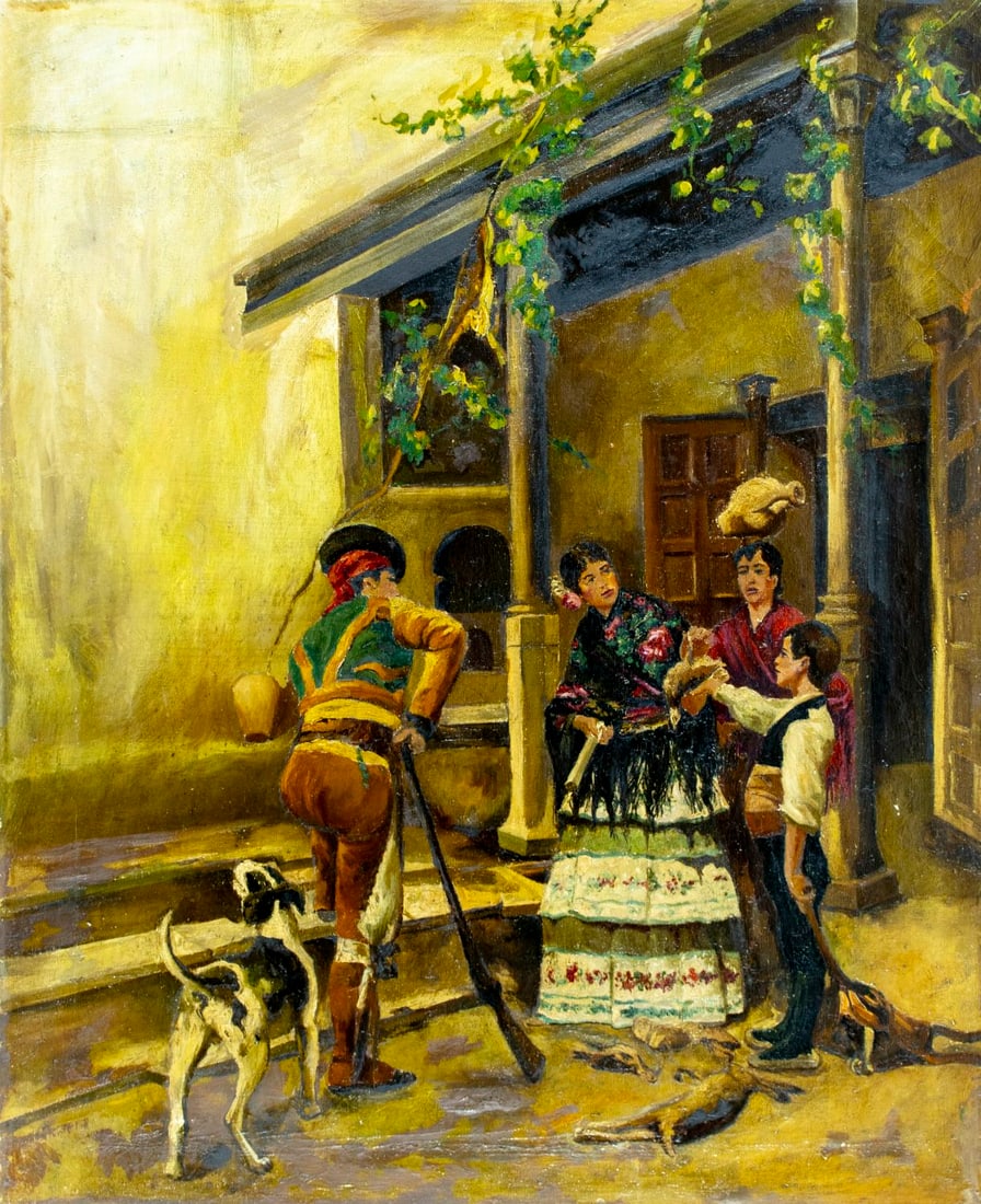 Vintage mid 20C Spanish oil painting: ARTIST: - (Spain, mid 20 century) TITLE: Spanish Outdoor Scene MEDIUM: oil on canvas CONDITION: Some small scratches/paint losses. Minor craquelure. Some scattered inpaint