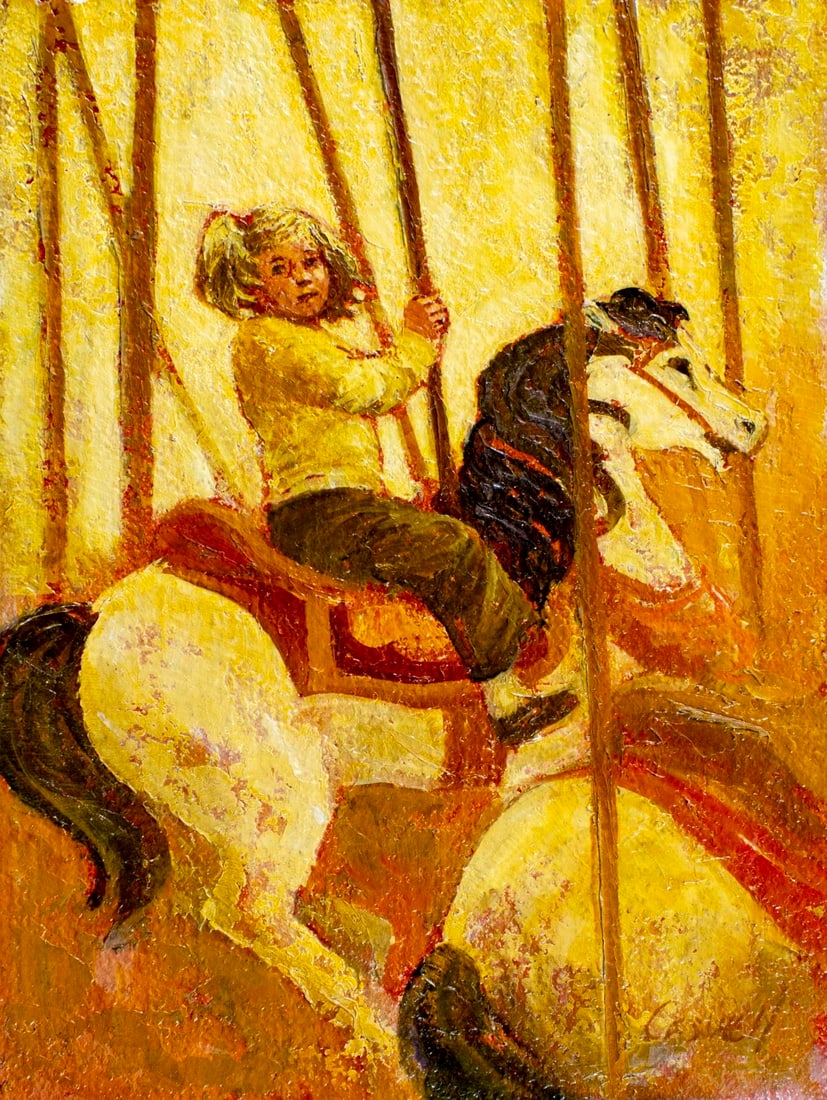 Helen Caswell (CA,1923-2018) oil painting: ARTIST: Helen Rayburn Caswell (California, 1923 - 2018) TITLE: Girl on Carousel MEDIUM: oil on canvas CONDITION: Unstretched (In-House stretching available) (In-House stre