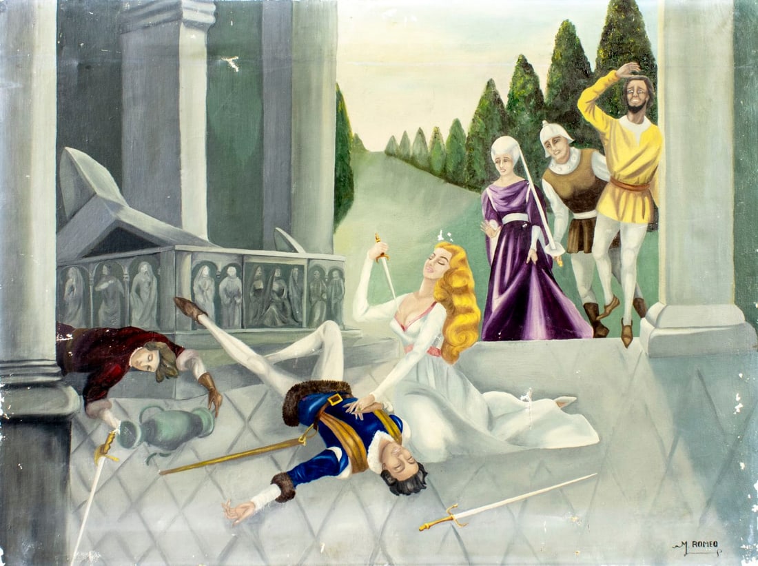 M Romeo (Europe,early 20) oil painting antique: ARTIST: M Romeo (European, early 20 century) TITLE: Tragedy Scene MEDIUM: oil on canvas CONDITION: Few patches. Some flaking/paint losses (see pictures carefully). Some craq