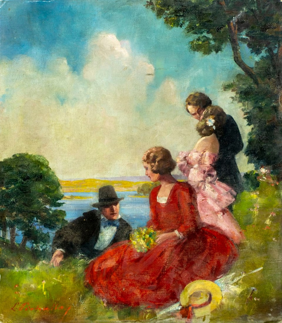 Antique early 20C American oil painting signed: ARTIST: - (American, early 20 century) TITLE: Two Couples on the Coast MEDIUM: oil on canvas. Canvas applied to board. CONDITION: Some damages to corners. Some scratches/