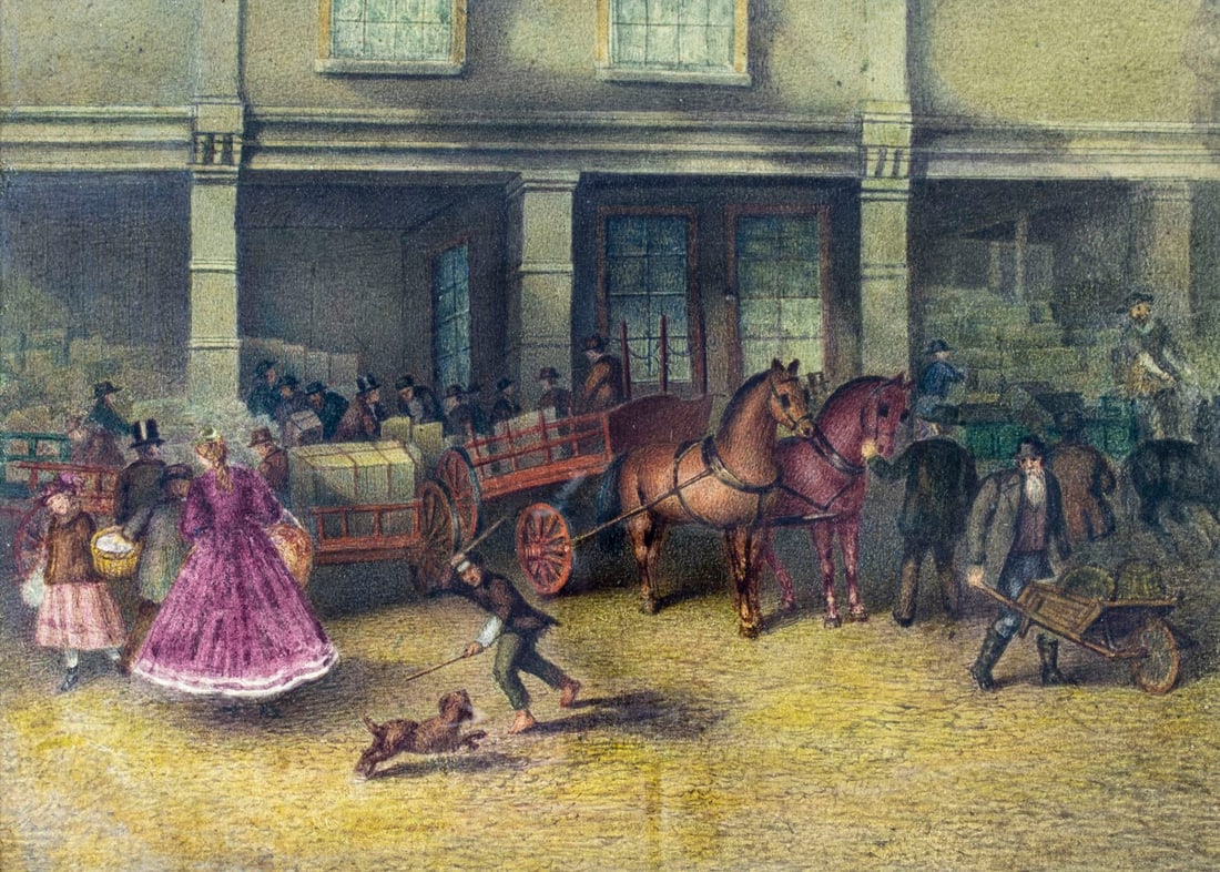 Antique 19C American watercolor painting: ARTIST: - (American, 19 century) TITLE: Street Scene MEDIUM: watercolor on paper CONDITION: Some age toning. Framed under glass. ART SIZE: 10 x 14 inch