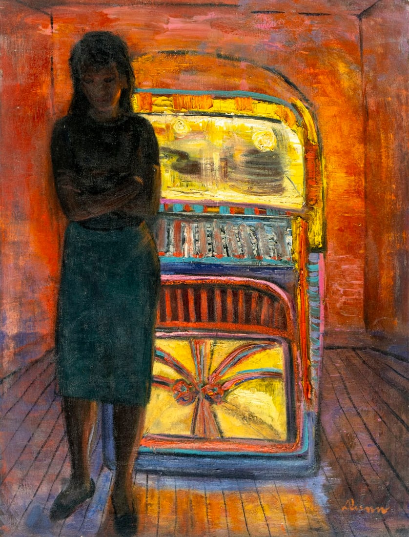 Dunn (US,mid 20C) oil painting: ARTIST: Dunn (American, mid 20 century) TITLE: Woman by Jukebox MEDIUM: oil on canvas CONDITION: Few small paint losses. Minor craquelure. No visible inpaint under UV light.