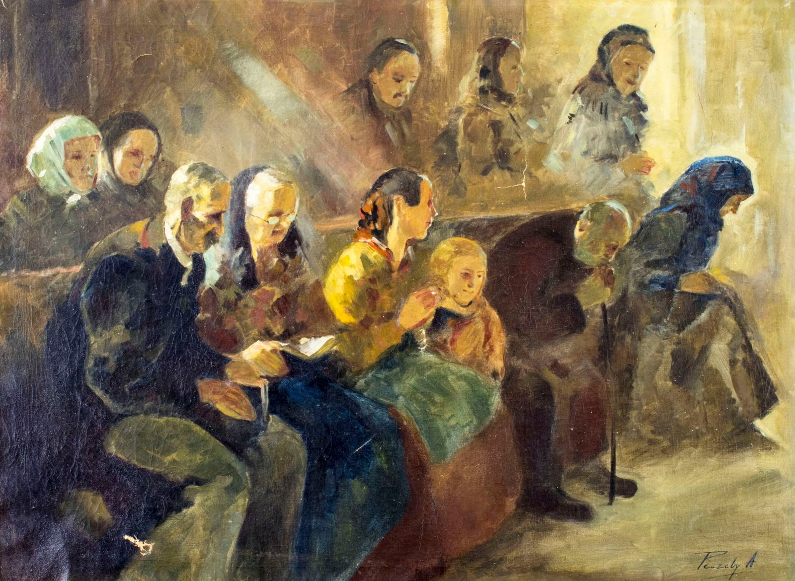 Antal Anton Peczely (Hungary,1891-1963) oil painting: ARTIST: Antal Anton Peczeli (Hungarian, 1891 - 1963) NAME: In the Church MEDIUM: oil on canvas CONDITION: Few patch repairs with corresponding inpaintings. Some craquelure. SIGHT SIZE: 29