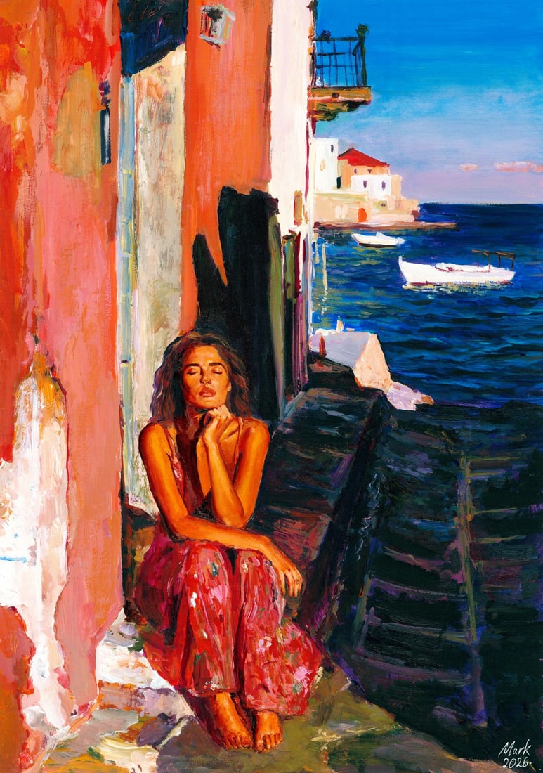 Mark Zybkin (Ukraine,20/21C) oil painting: ARTIST: Mark Zybkin (Ukraine, 20/21 centuries) TITLE: Seated Woman by the Sea MEDIUM: oil on heavy paper CONDITION: Very good. No visible inpaint under UV light.