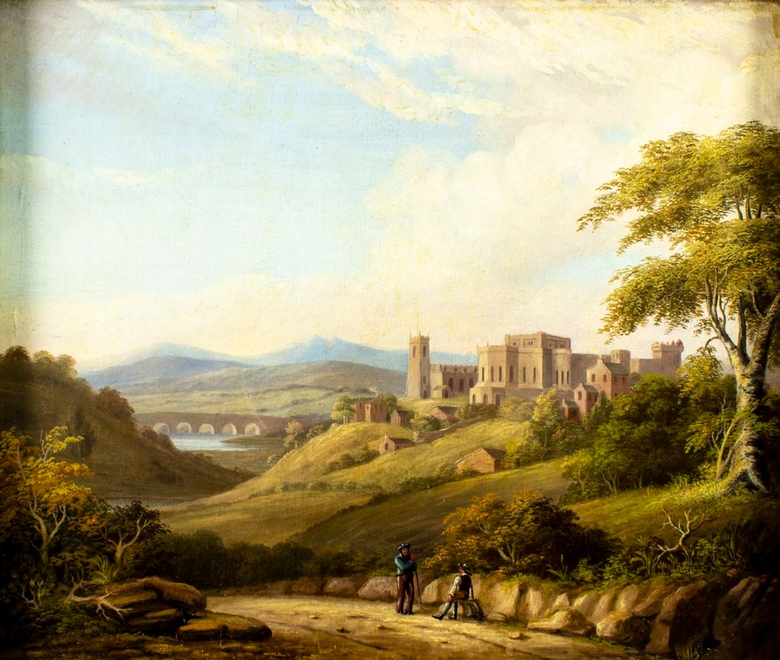 Antique 19C European oil painting: ARTIST: - (Europe, 19 century) TITLE: Castle Landscape MEDIUM: oil on canvas CONDITION: One patch. Minor paint losses. Some craquelure. No visible inpaint under UV light.