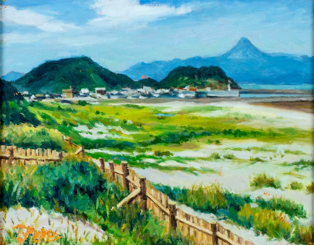 Vintage 20C Japanese oil painting: ARTIST: - (Japan, 20 century) TITLE: Coastal Landscape MEDIUM: oil on canvas CONDITION: One small patch. Some paint losses mostly by the lower left corner. No visible inpa