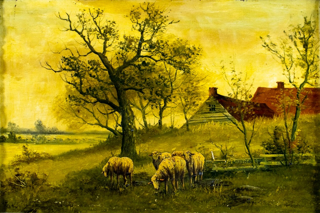 Antique early 20C American oil painting: ARTIST: - (United States, early 20 century) TITLE: Country Landscape with Sheep MEDIUM: oil on canvas CONDITION: Some small scratches/paint losses mostly by edges. Minor cra