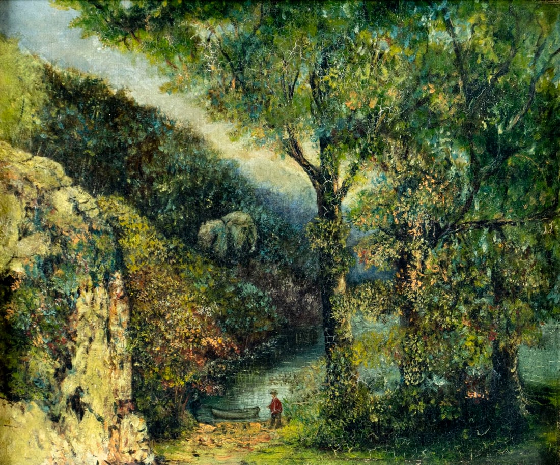 Antique early 20C American oil painting: ARTIST: - (American, early 20 century) TITLE: Mountain Lake Landscape MEDIUM: oil on canvas CONDITION: One small patch with corresponding minor inpainting. Minor paint los