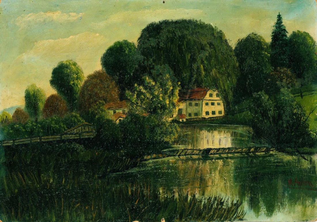 M Anton (US,early 20C) oil painting antique: ARTIST: M Anton (American, early 20 century) TITLE: River Landscape with Mansion MEDIUM: oil on board CONDITION: Few nail holes along edges. Some damages to corners and edge