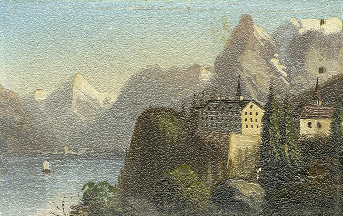 Antique early 20C Swiss oil painting: ARTIST: - (Switzerland, early 20 century) TITLE: Mountain Lake Landscape with Town, Switzerland MEDIUM: oil on heavy paper CONDITION: Minor scratches/paint losses. No visibl