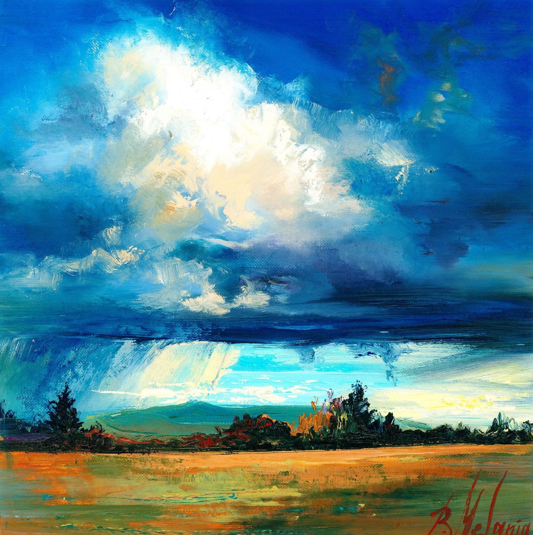 Melania Balanyuk (Ukraine,20/21C) oil painting: ARTIST: Melania Balanyuk (Ukraine, 20/21 centuries) TITLE: Stormy Field Landscape MEDIUM: oil on heavy paper CONDITION: Very good. No visible inpaint under UV light.