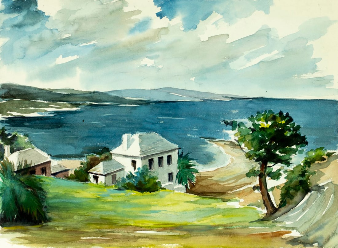 Charles Yeiser (NY,1925-2005) watercolor painting: ARTIST: Charles William Yeiser (New York, 1925 - 2005) TITLE: Coastal Landscape with Houses MEDIUM: watercolor on paper CONDITION: Some damages to the upper left corner. Min