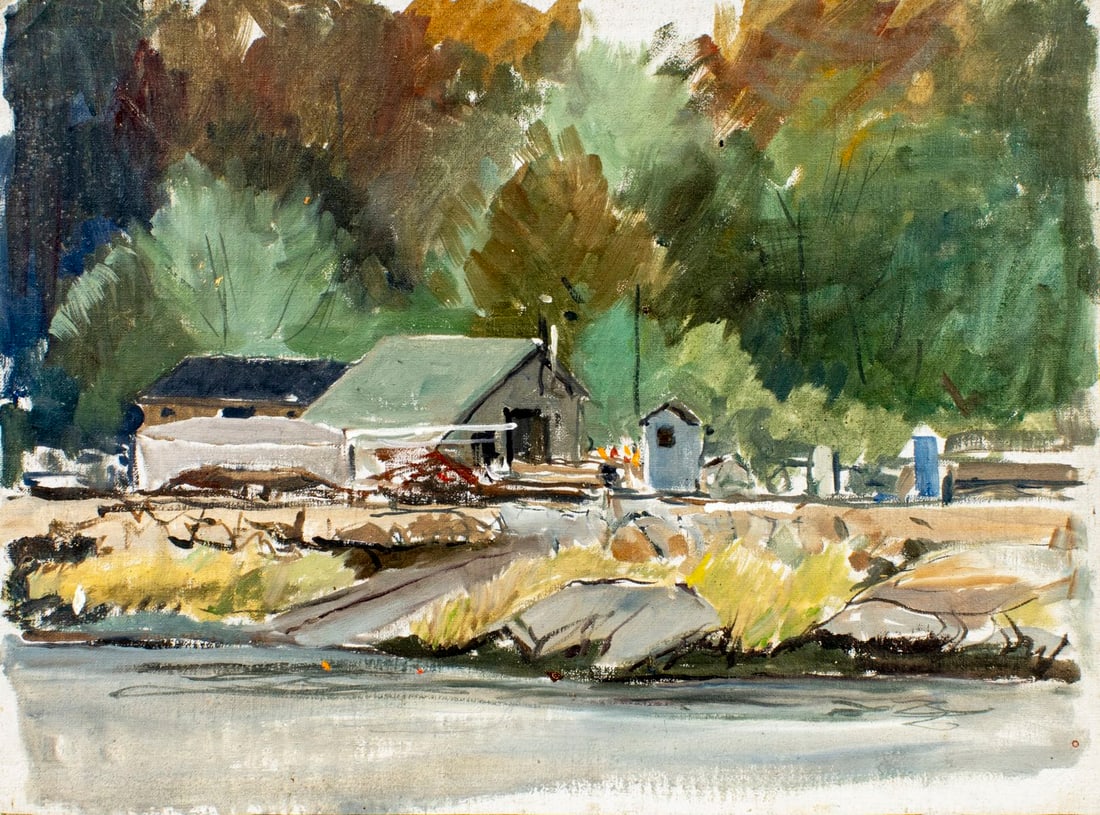 Tore Asplund (IL,NY,1903-1978) oil painting: ARTIST: Tore Asplund (Illinois, New York, 1903 - 1978) TITLE: Autumn Landscape with Houses MEDIUM: oil on canvas. Canvas applied to board. CONDITION: Some small damages to c
