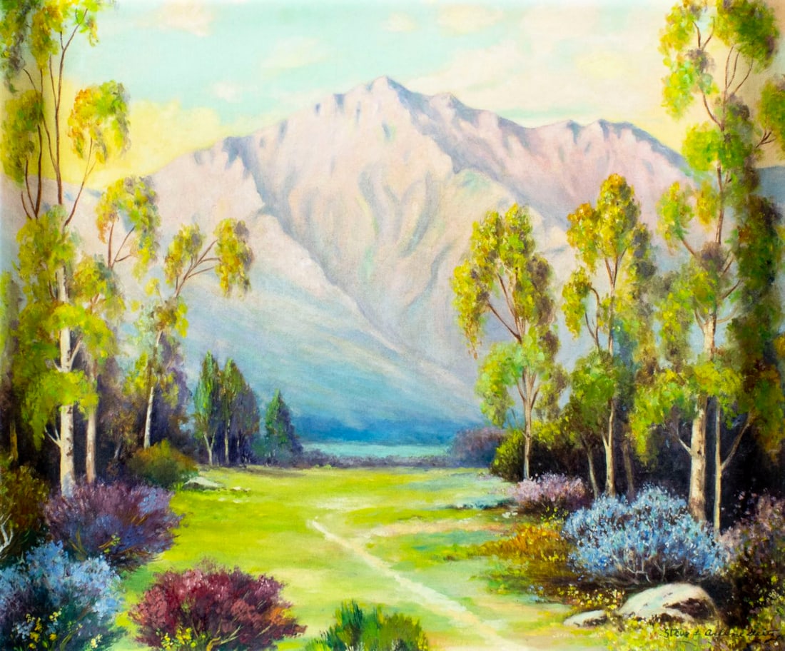 Stephen A Geitz (CA,WI,1892-1972) oil painting: ARTIST: Stephen A Geitz (California, Wisconsin, 1892 - 1972) TITLE: Landscape - Santa Ynez Valley, CA (titled on verso) YEAR: 1956 MEDIUM: oil on canvas board C