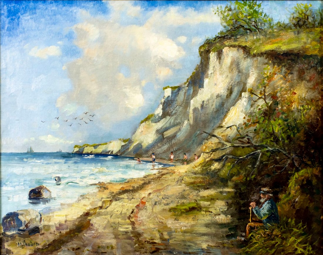 Mogens Vantore (Denmark,1895-1977) oil painting: ARTIST: Mogens Vantore (Danish, 1895 - 1977) TITLE: Coastal Cliff Landscape with Figures MEDIUM: oil on canvas CONDITION: Some paint losses (see pictures carefully). Some cr
