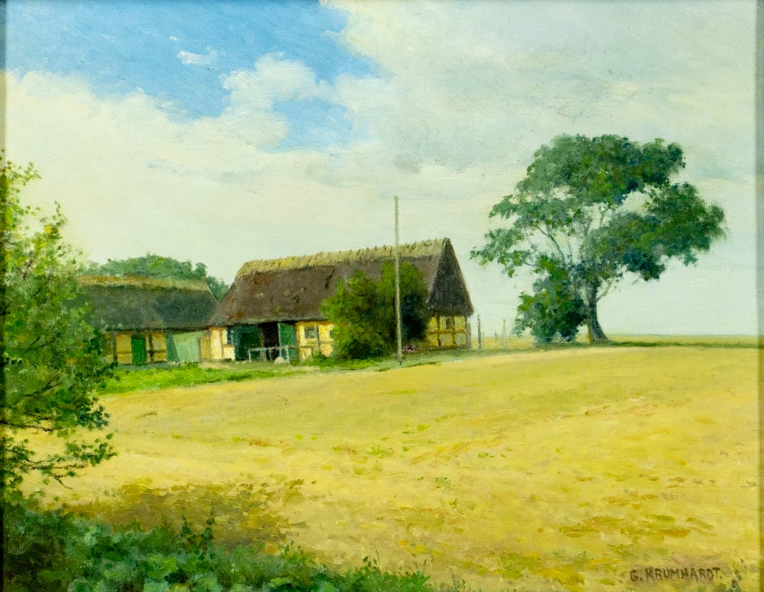 Georg Krumhardt (Denmark,1903-1964) oil painting: ARTIST: Georg Krumhardt (Danish, 1903 - 1964) TITLE: Country Landscape with Farmhouse MEDIUM: oil on canvas CONDITION: Very good. No visible inpaint under UV light. Wear to