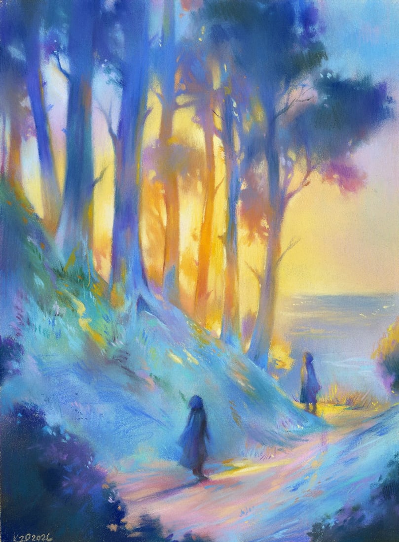 Olga Kuznezova (Ukraine,b 2000) pastel painting: ARTIST: Olga Kuznezova (Ukraine, born 2000) TITLE: Sunset Forest Landscape with Figures MEDIUM: pastel on heavy paper CONDITION: Very good. ART SIZE: 10