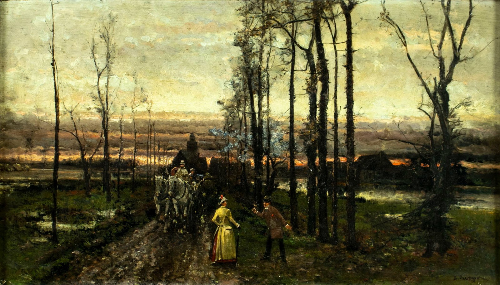 E Benger (Europe,19C) oil painting antique: ARTIST: E Benger (European, 19 century) TITLE: Sunset Landscape with Courting Couple MEDIUM: oil on board CONDITION: Minor scratches/paint losses mostly along edges. No visi