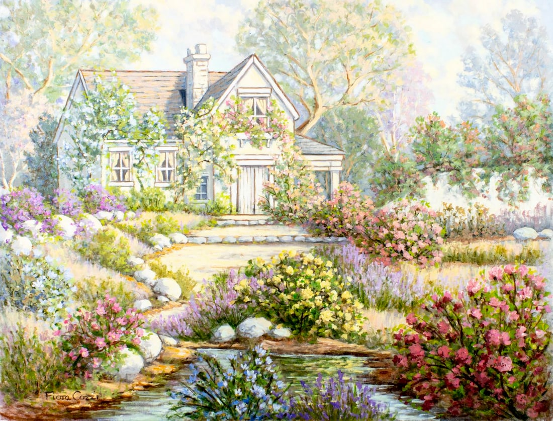 Fiora Cozzi (NY,1922-1992) oil painting: ARTIST: Fiora Cozzi (New York, 1922 - 1992) TITLE: Garden Landscape with Cottage MEDIUM: oil on canvas CONDITION: Unstretched (In-House stretching available) (In-House str
