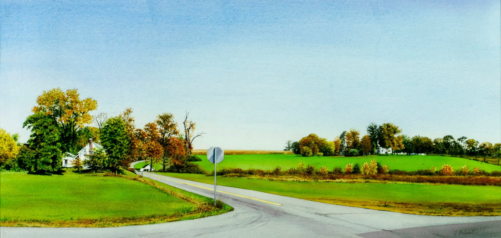 John Bayalis (US,20/21C) watercolor painting: ARTIST: John Bayalis (American, 20/21 centuries) TITLE: Landscape with Houses MEDIUM: watercolor on paper CONDITION: Very good. Framed under glass. Wear to frame.
