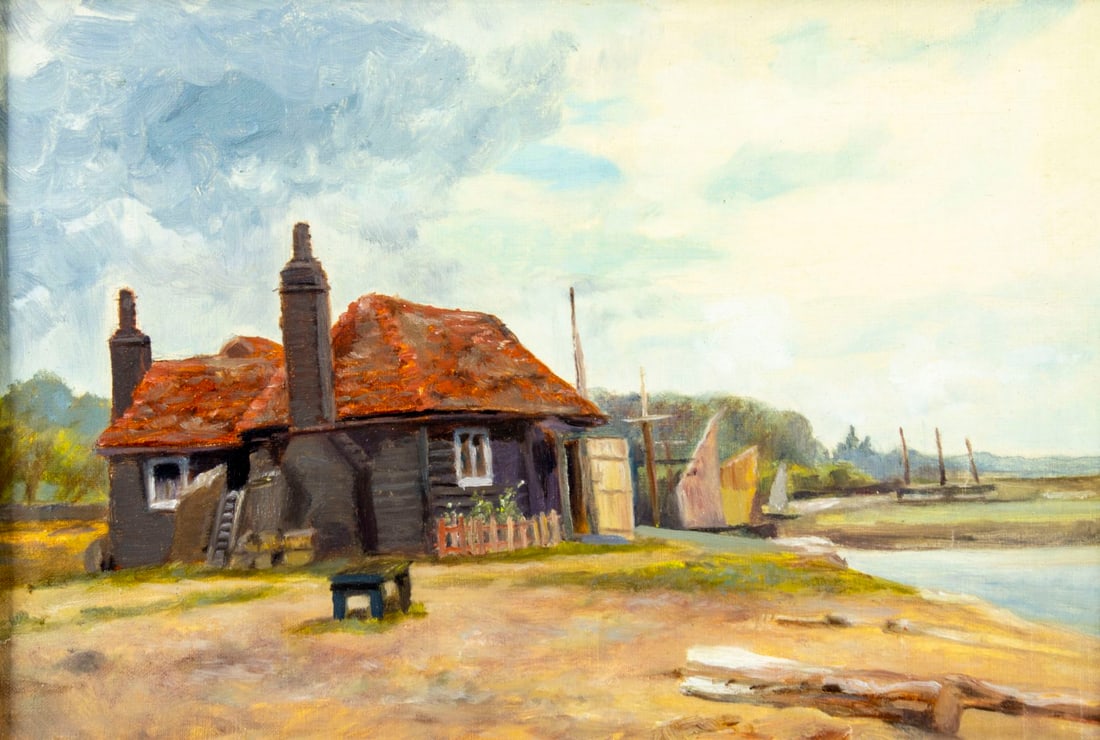 Antique early 20C European oil painting: ARTIST: - (Europe, early 20 century) TITLE: Village Landscape MEDIUM: oil on canvas CONDITION: Few small inpaitings. Wear to frame. ART SIZE: 10 x 15 i