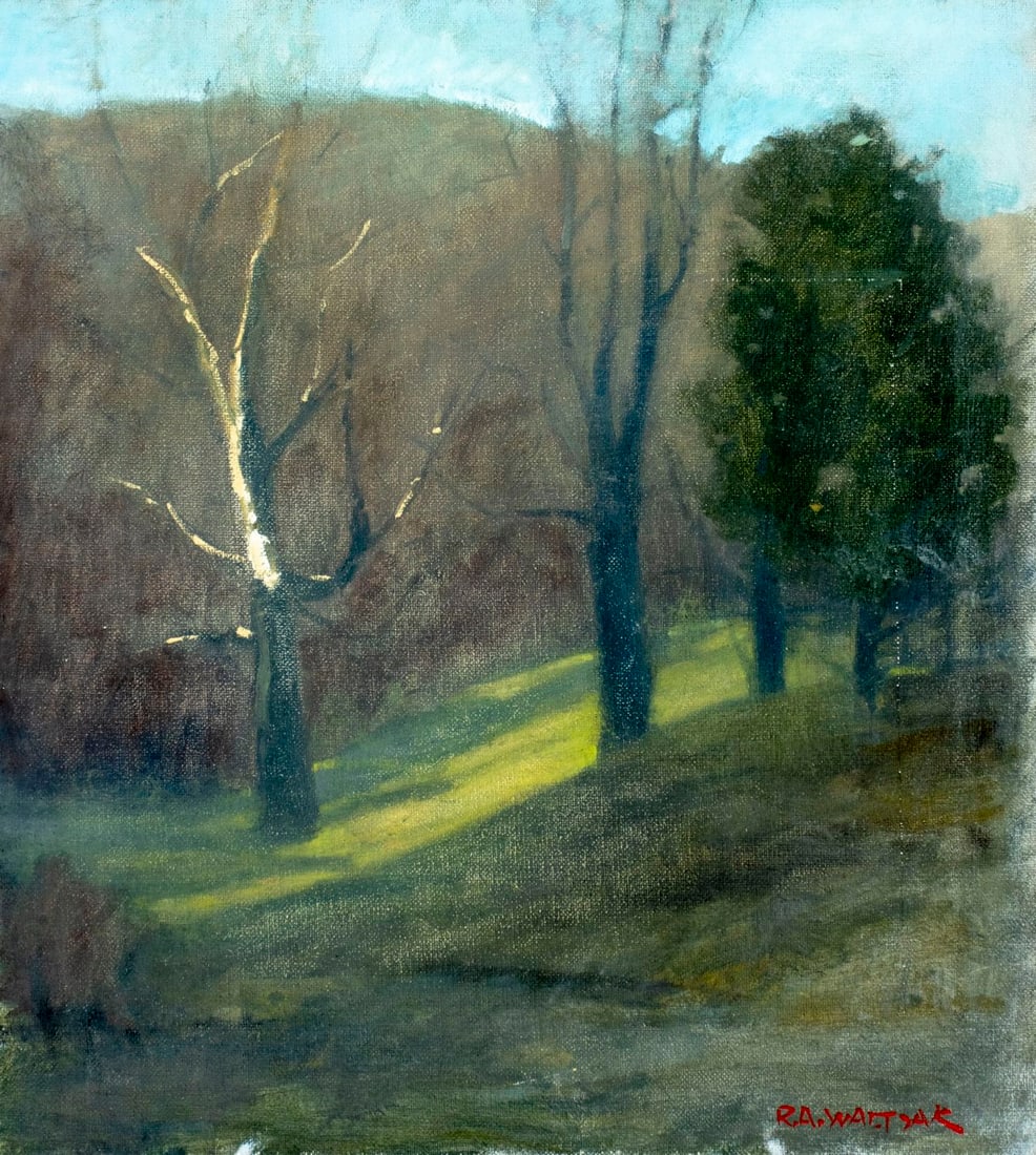 Robert Waltsak (NJ,b 1944) oil painting: ARTIST: Robert Alan Waltsak (New Jersey, born 1944) TITLE: Hilly Landscape MEDIUM: oil on canvas CONDITION: Some scratches/paint losses mostly in the upper right quadrant. N