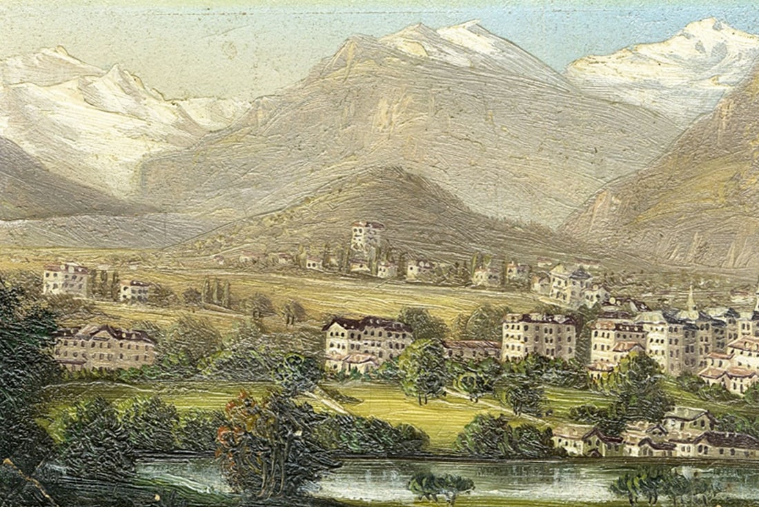 Antique early 20C Swiss oil painting: ARTIST: - (Switzerland, early 20 century) TITLE: Landscape - Interlaken, Switzerland MEDIUM: oil on heavy paper CONDITION: Minor damages to the lower right corner. Some crea