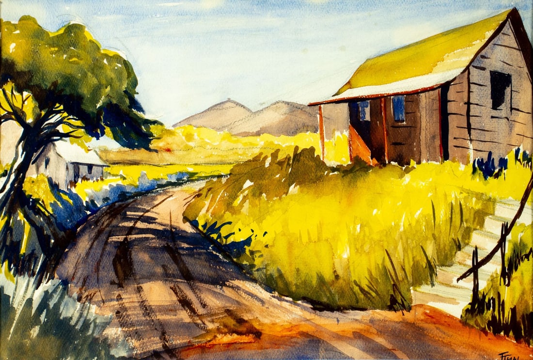 Thelma Thal (NY,1903-2001) watercolor painting: ARTIST: Thelma Thal (New York, 1903 - 2001) TITLE: Country Road Landscape MEDIUM: watercolor on paper CONDITION: One nail hole by the upper left corner. ART SIZ