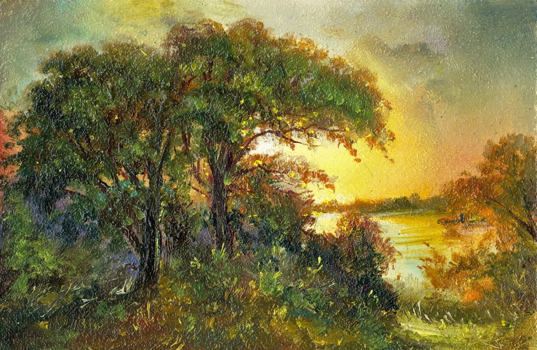 Sergey Kozachkin (Ukraine,b 1965) oil painting: ARTIST: Sergey Vasilievich Kozachkin (Ukraine, born 1965) TITLE: Sunset River Landscape MEDIUM: oil on board CONDITION: Very good. No visible inpaint under UV light.