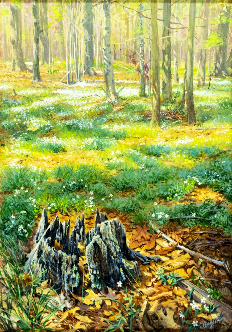 Taylor Oughton (PA,1925-2018) acrylic painting: ARTIST: William Taylor Oughton (Pennsylvania, 1925 - 2018) TITLE: Landscape - Transitions (titled on label) MEDIUM: acrylic on canvas CONDITION: Overall good. No visible inp