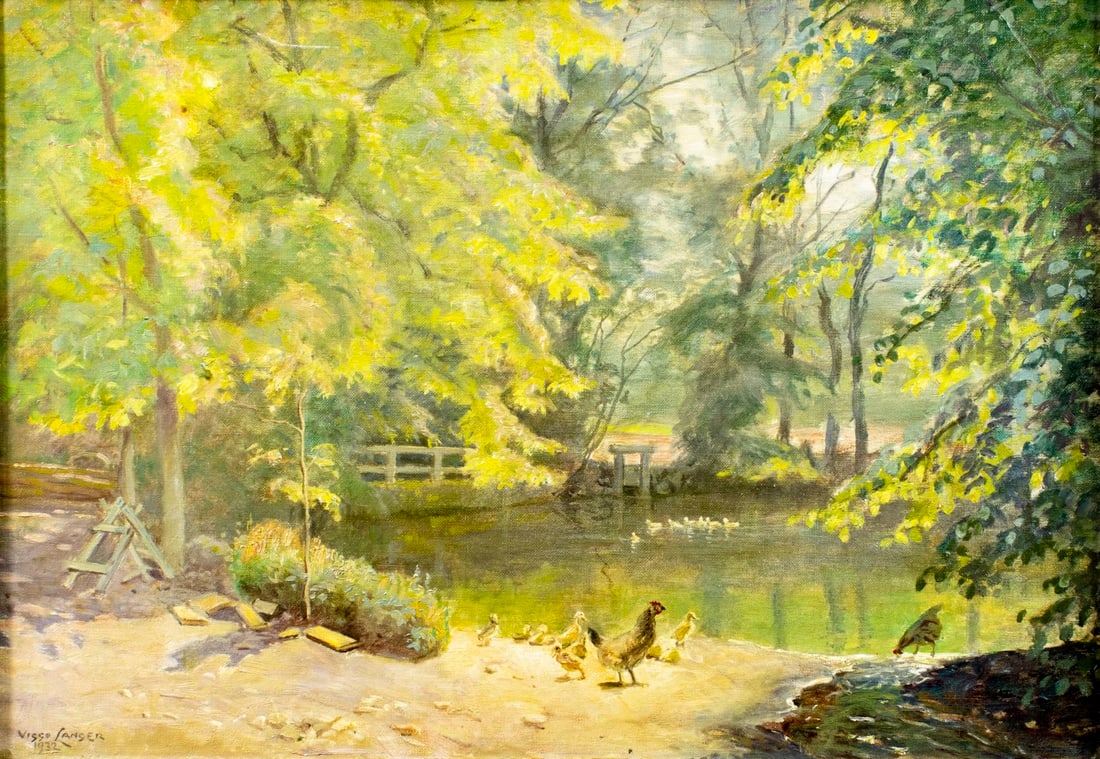 Viggo Langer (Denmark,Germany,1860-1942) oil painting antique: ARTIST: Olaf Viggo Peter Langer (Danish, German, 1860 - 1942) TITLE: Pond Landscape with Chickens, Femmoller, Mols, Denmark (titled on stretcher) YEAR: 1932 MEDIUM: oil on c