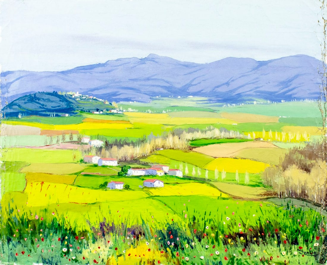 L Santin (Europe,20C) oil painting: ARTIST: L Santin (European, 20 century) TITLE: Hilly Landscape with Houses MEDIUM: oil on canvas CONDITION: Unstretched (In-House stretching available) (In-House stretching