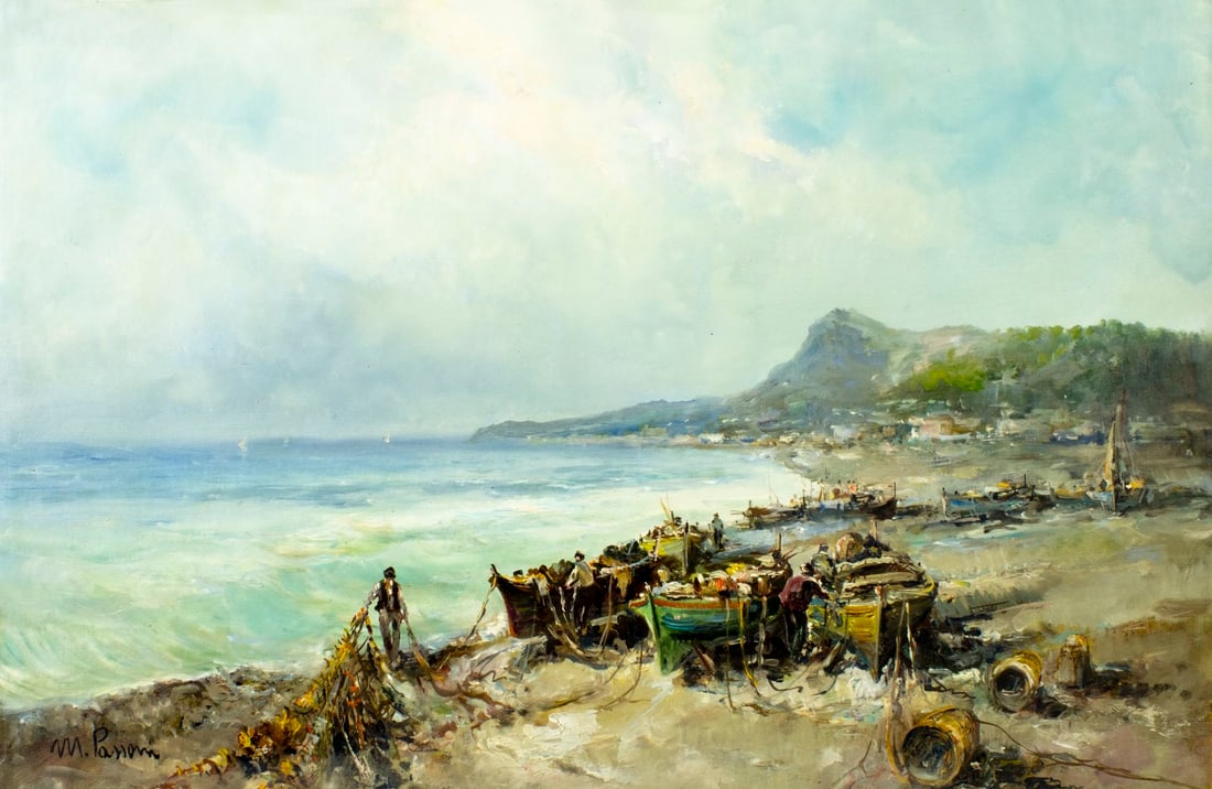 Mario Passoni (Italy,France,1929-?) oil painting: ARTIST: Mario Passoni (Italian, French, 1929 - ???) TITLE: Coastal Landscape with Boats MEDIUM: oil on canvas CONDITION: Unstretched (In-House stretching available) (In-Ho