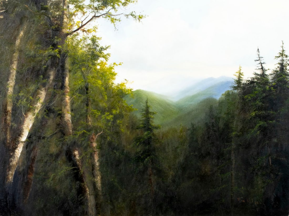 Ron Williams (TN,1947-2016) oil painting: ARTIST: Ron Williams (Tennessee, 1947 - 2016) TITLE: Mountain Landscape MEDIUM: oil on canvas CONDITION: Some paint losses mostly by the upper left corner. No visible inpa