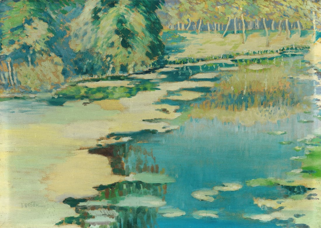 I Fesek (Greek,mid 20C) oil painting: ARTIST: I Fesek (Greece, mid 20 century) TITLE: River Landscape MEDIUM: oil on canvas board CONDITION: Minor scratches/paint losses. No visible inpaint under UV light.