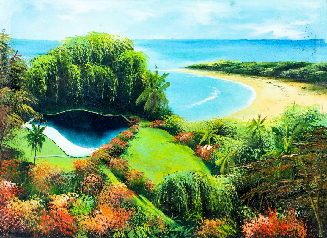 C Morgan (Jamaica,20C) oil painting: ARTIST: C Morgan (Jamaican, 20 century) TITLE: Coastal Landscape YEAR: 1984 MEDIUM: oil on canvas CONDITION: Few minor scratches/paint losses. No visible