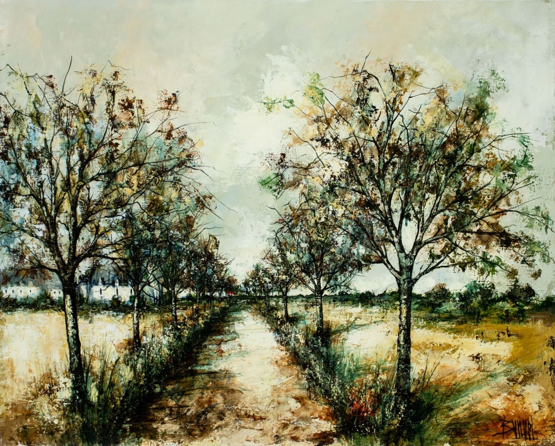 Manuel Monton Bunuel (Spain,1940-?) oil painting: ARTIST: Manuel Monton Bunuel (Spanish, 1940 - ???) TITLE: Country Path Landscape MEDIUM: oil on canvas CONDITION: Unstretched (In-House stretching available) (In-House st
