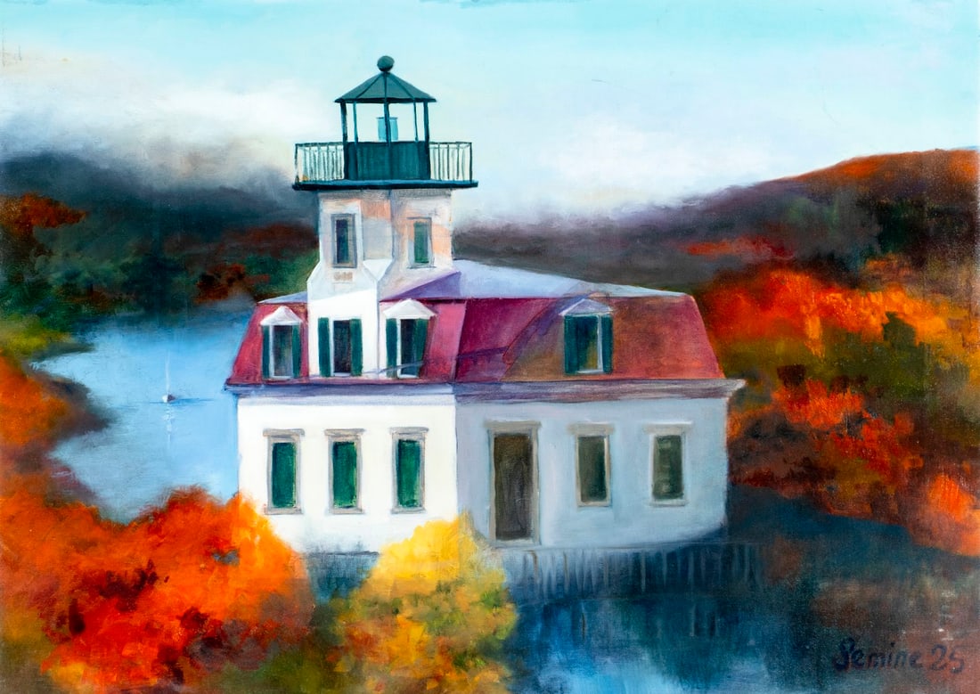 Semine Hazar (Turkey,20/21C) oil painting: ARTIST: Semine Hazar (Turkish, 20/21 centuries) TITLE: Autumn Hudson River Lighthouse Landscape (titled on verso) MEDIUM: oil on canvas CONDITION: Some faint scratches mostl