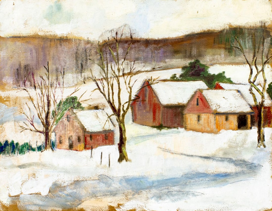 Vintage mid 20C American oil painting: ARTIST: - (American, mid 20 century) TITLE: Winter Village Landscape MEDIUM: oil on board CONDITION: Minor damages to corners. Minor scratches/paint losses. No visible inpai