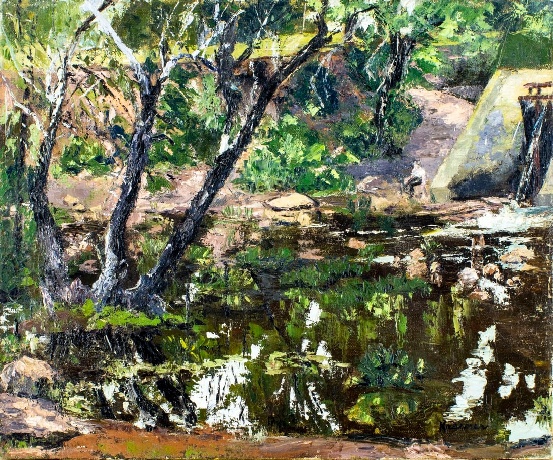 June Krasner (NJ,1905-1991) oil painting: ARTIST: June Krasner (New Jersey, 1905 - 1991) TITLE: Summer Landscape MEDIUM: oil on canvas CONDITION: Few minor paint losses. Minor craquelure. No visible inpaint under UV