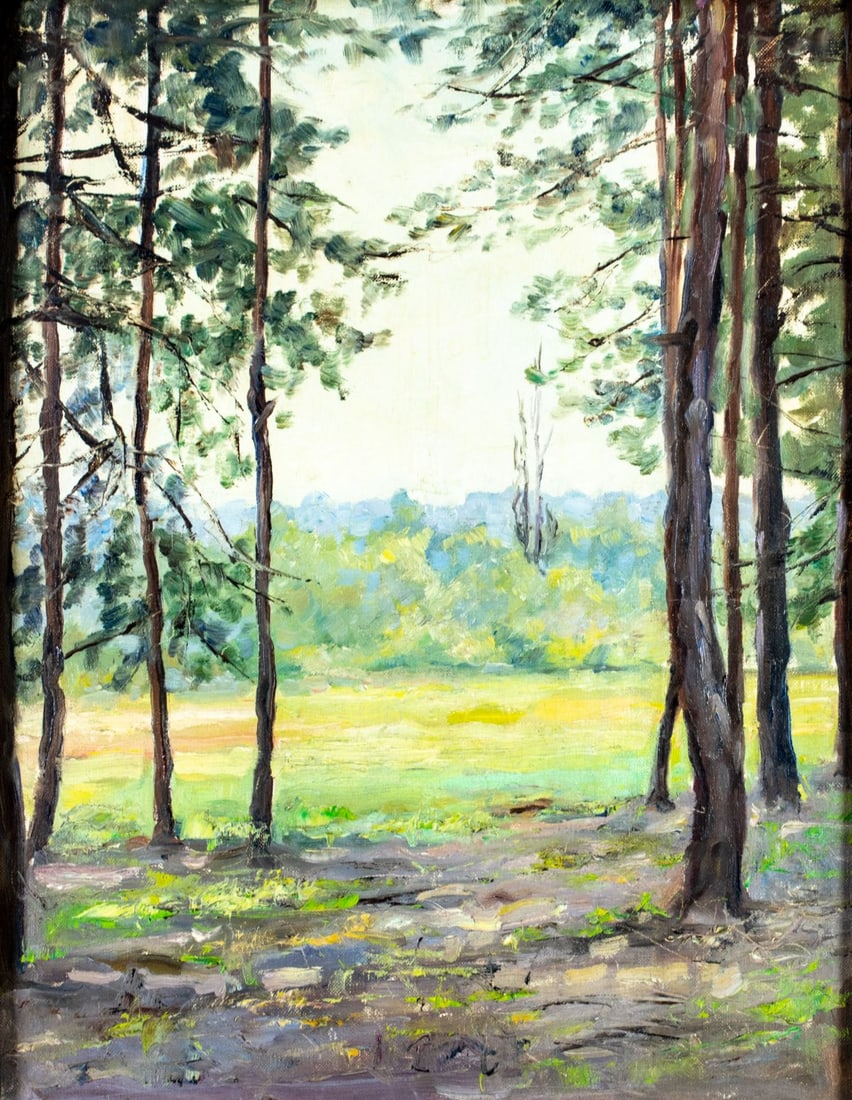 Vintage 20C American oil painting: ARTIST: - (American, 20 century) TITLE: Landscape MEDIUM: oil on canvas board CONDITION: Very good. No visible inpaint under UV light. Minor damages to frame. A