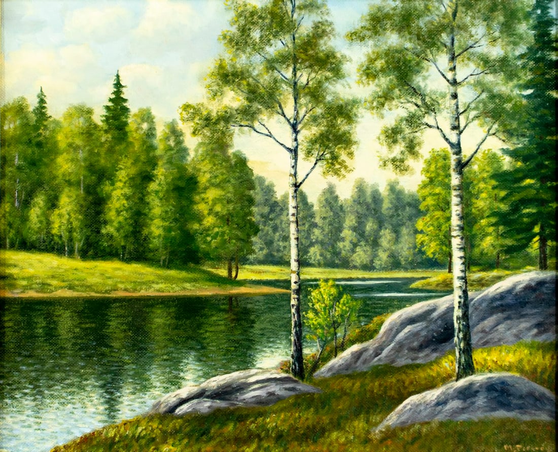 M Persson (Sweden,20C) oil painting: ARTIST: M Persson (Sweden, 20 century) TITLE: River Landscape YEAR: 1955 MEDIUM: oil on board CONDITION: Few very minor paint losses. No visible inpaint