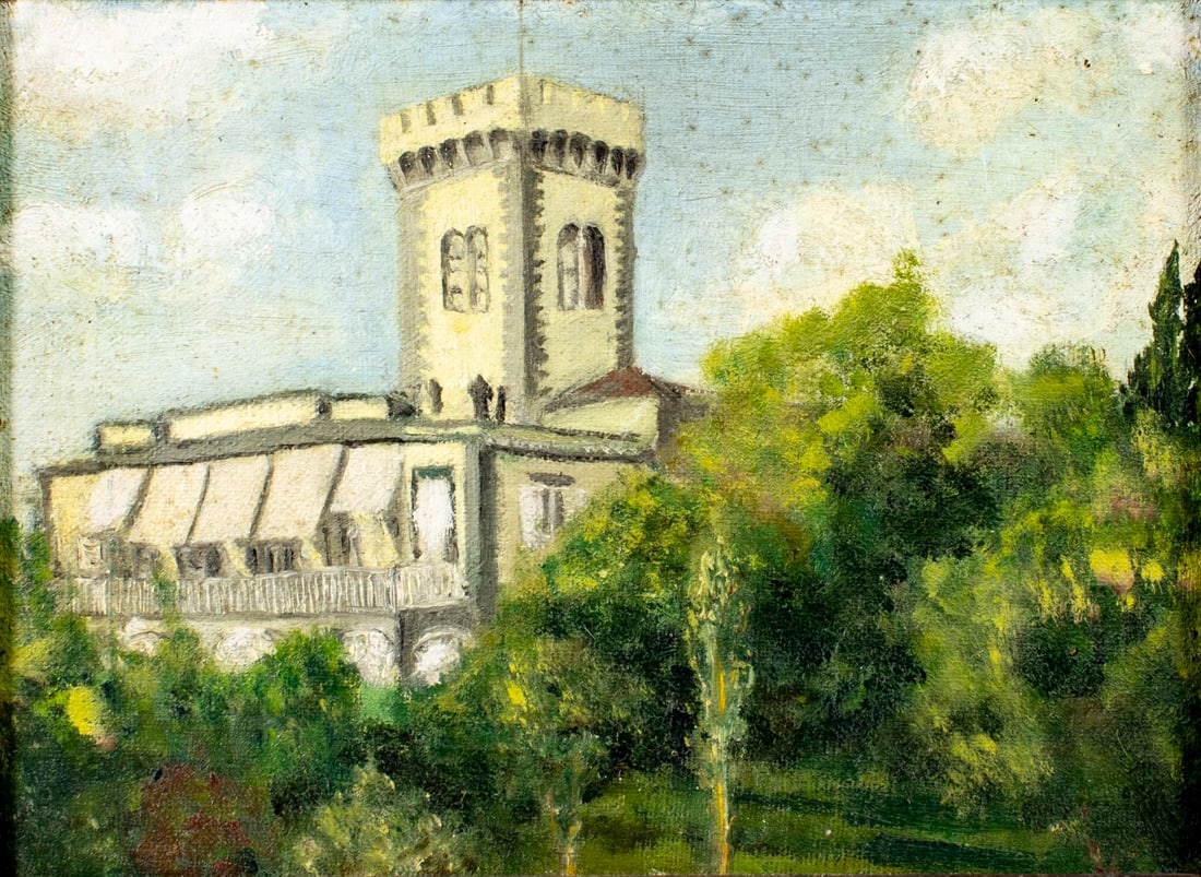 Vintage mid 20C European oil painting: ARTIST: - (Europe, mid 20 century) TITLE: Castle Landscape MEDIUM: oil on canvas. Canvas applied to board. CONDITION: Few minor scratches/paint losses. No visible inpaint un